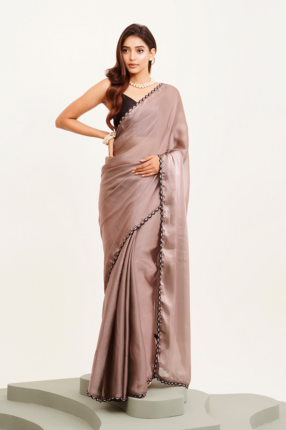 Metallic Brown Beads And Stones Saree With Blouse