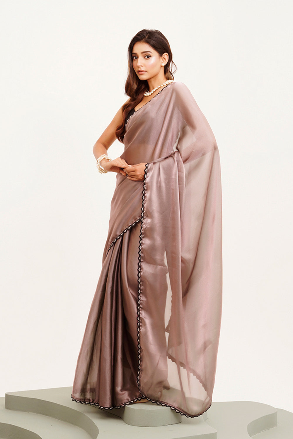 Metallic Brown Beads And Stones Saree With Blouse