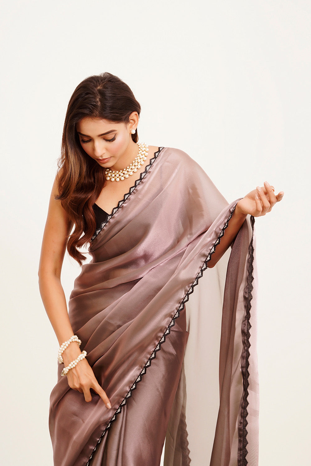 Metallic Brown Beads And Stones Saree With Blouse