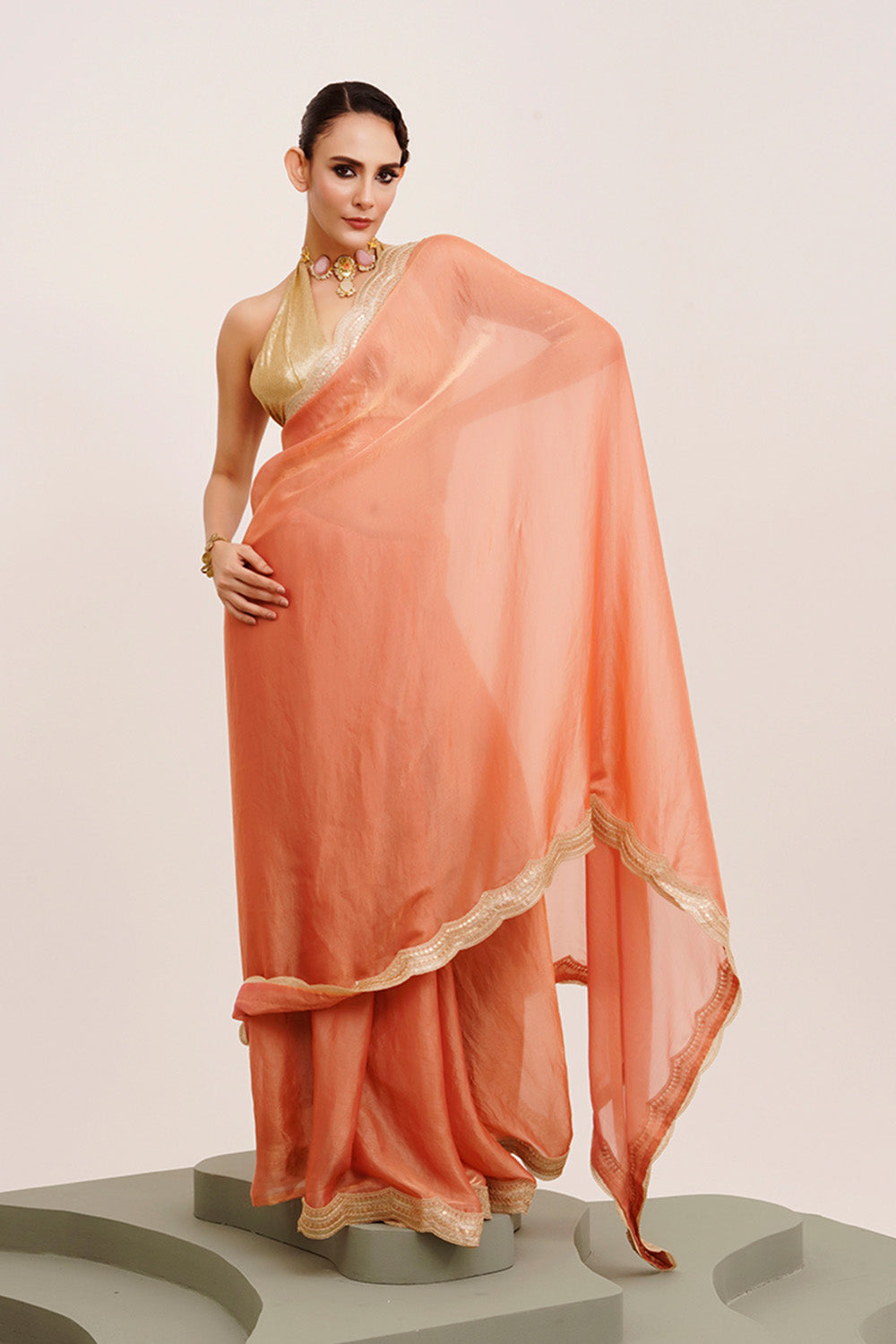 Peach Sequinned Satin Saree With Blouse