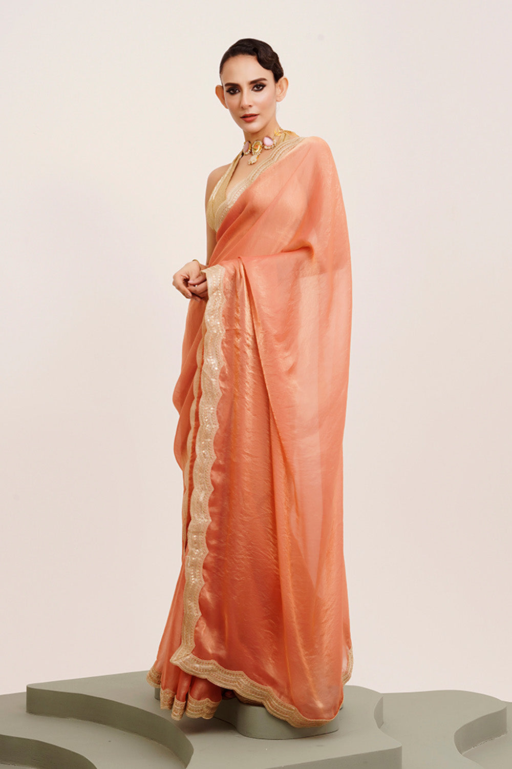 Peach Sequinned Satin Saree With Blouse