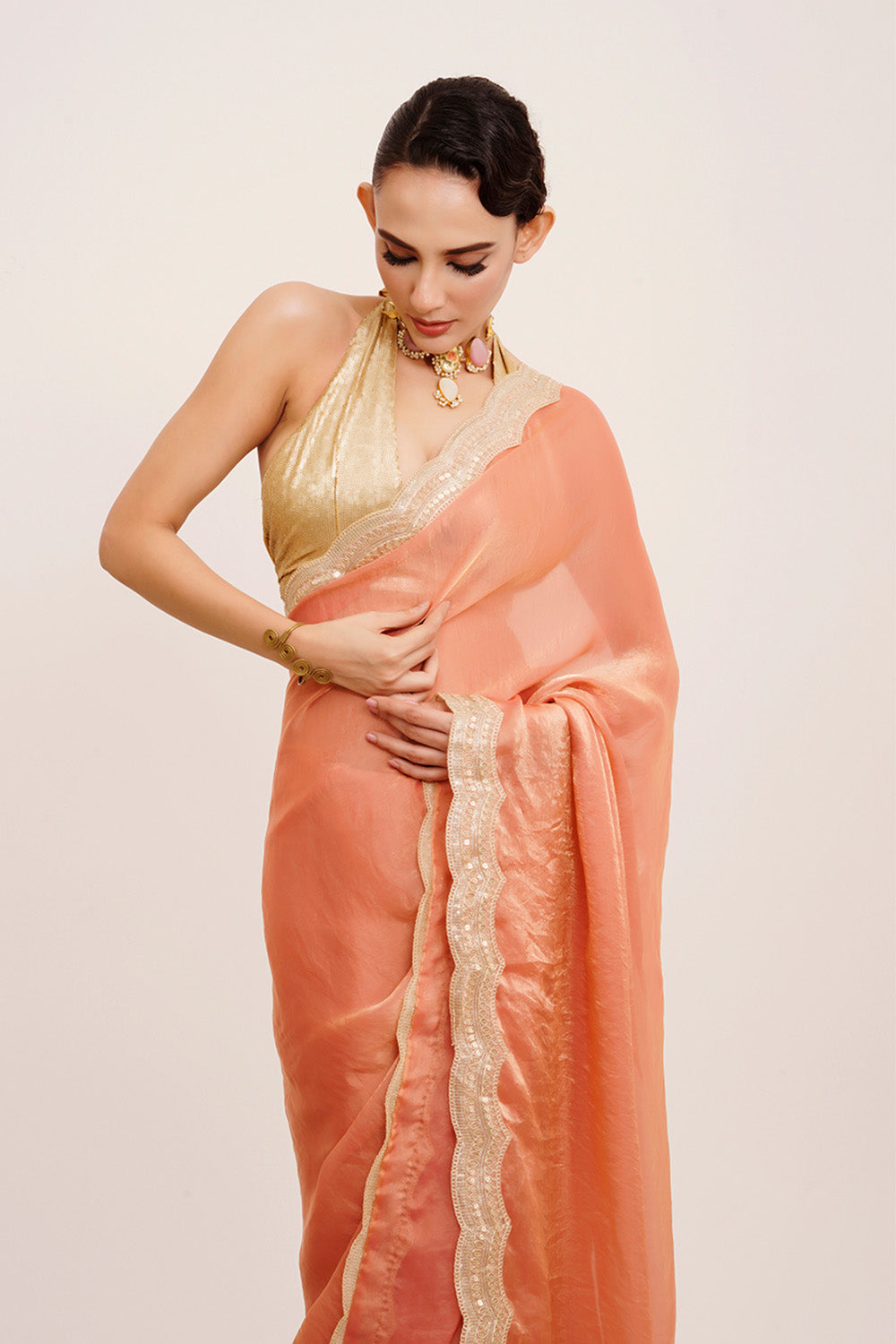 Peach Sequinned Satin Saree With Blouse