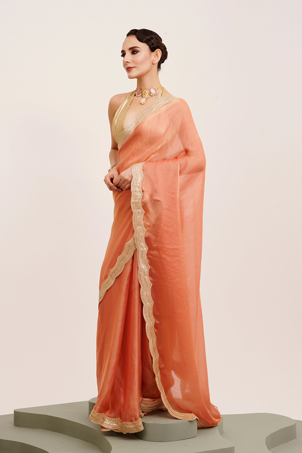 Peach Sequinned Satin Saree With Blouse