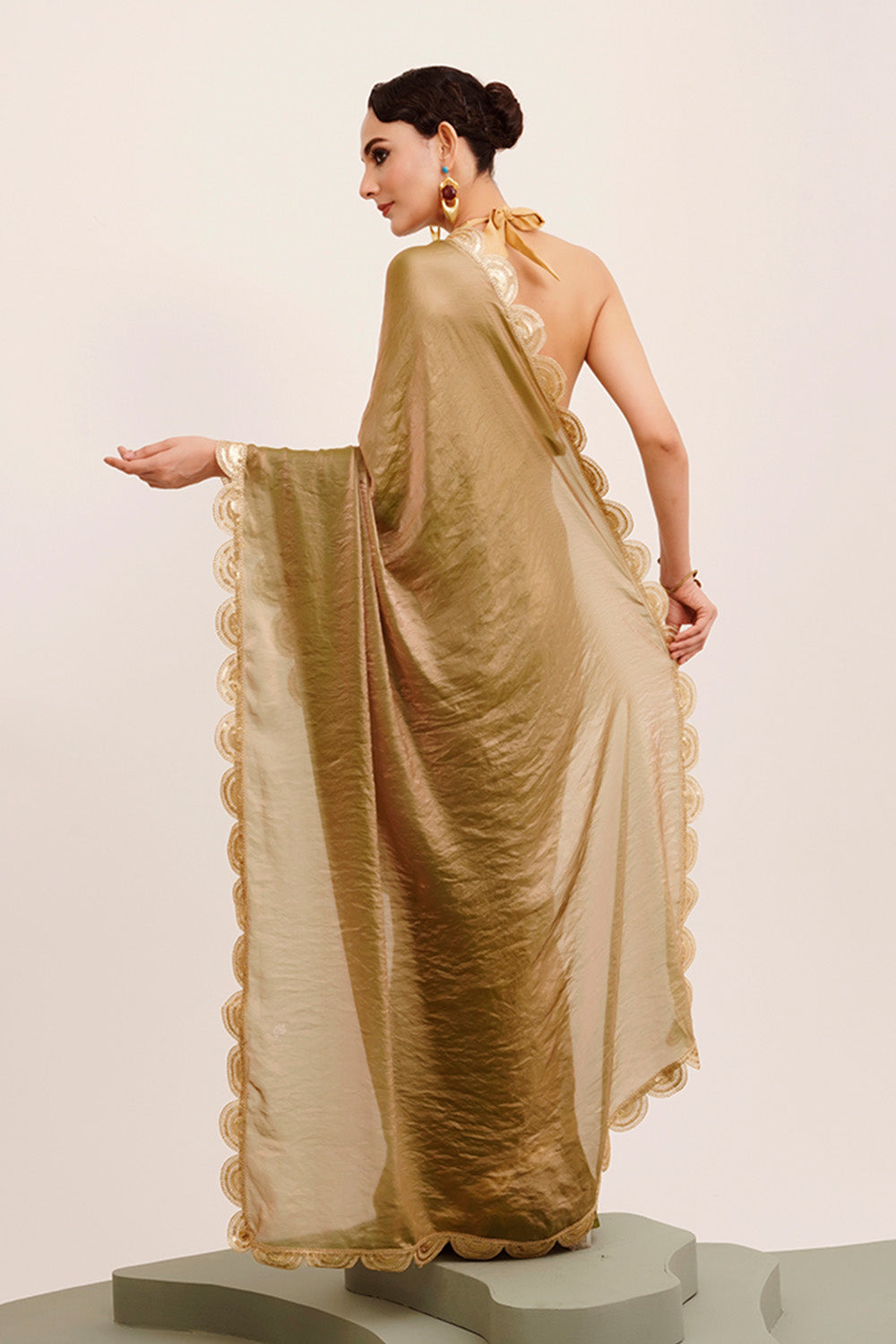 Metallic Golden Green Sequinned Tissue Saree With Blouse