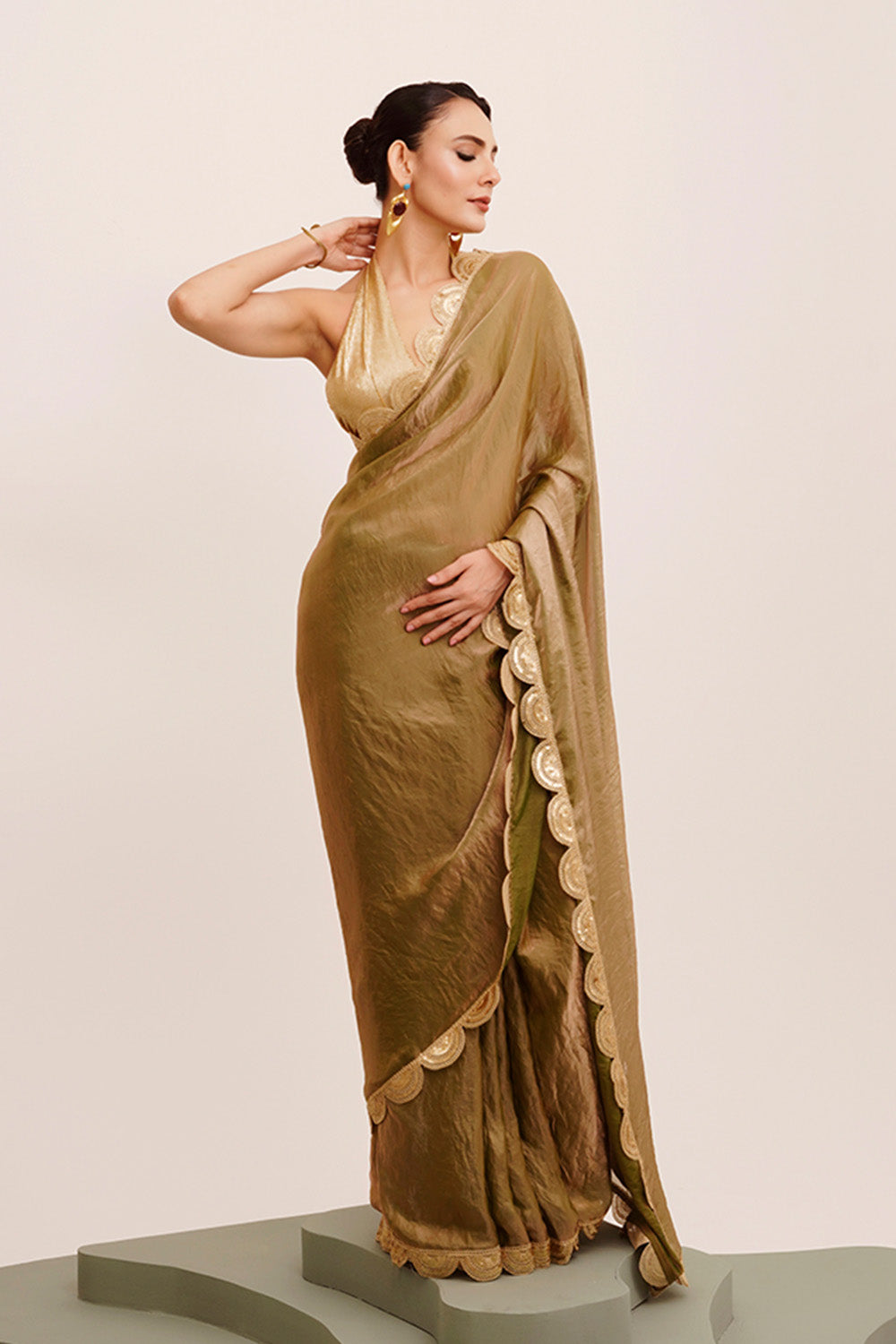 Metallic Golden Green Sequinned Tissue Saree With Blouse
