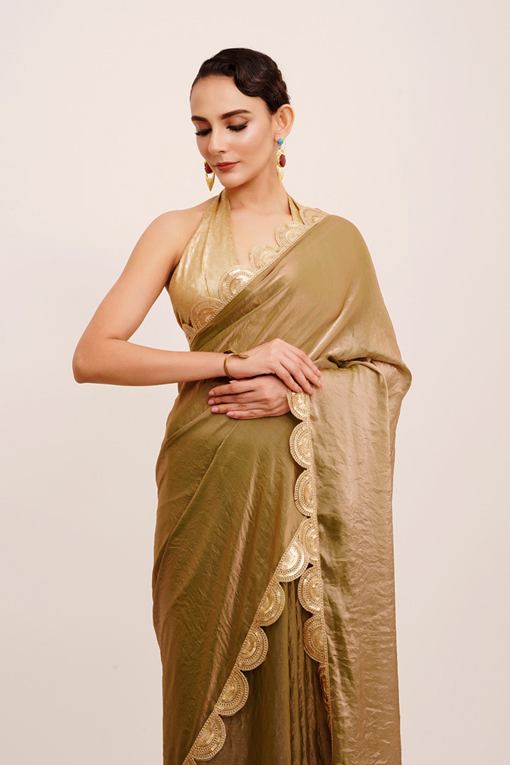 Metallic Golden Green Sequinned Tissue Saree With Blouse