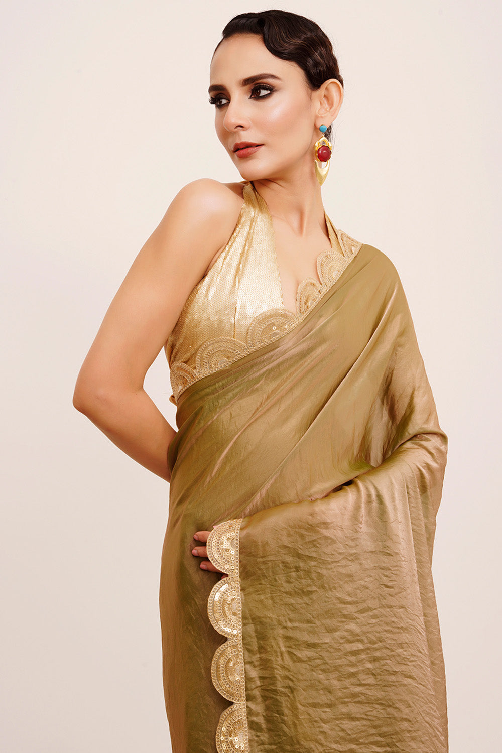 Metallic Golden Green Sequinned Tissue Saree With Blouse