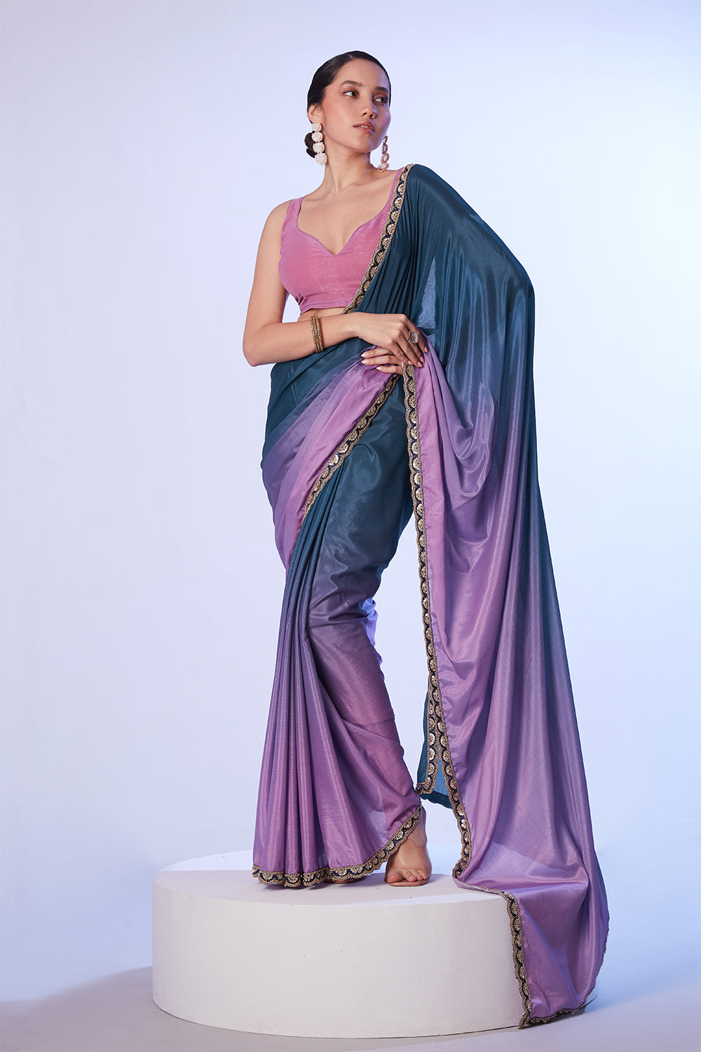 Multi Chinon Saree With Lace And Unstitched Blouse