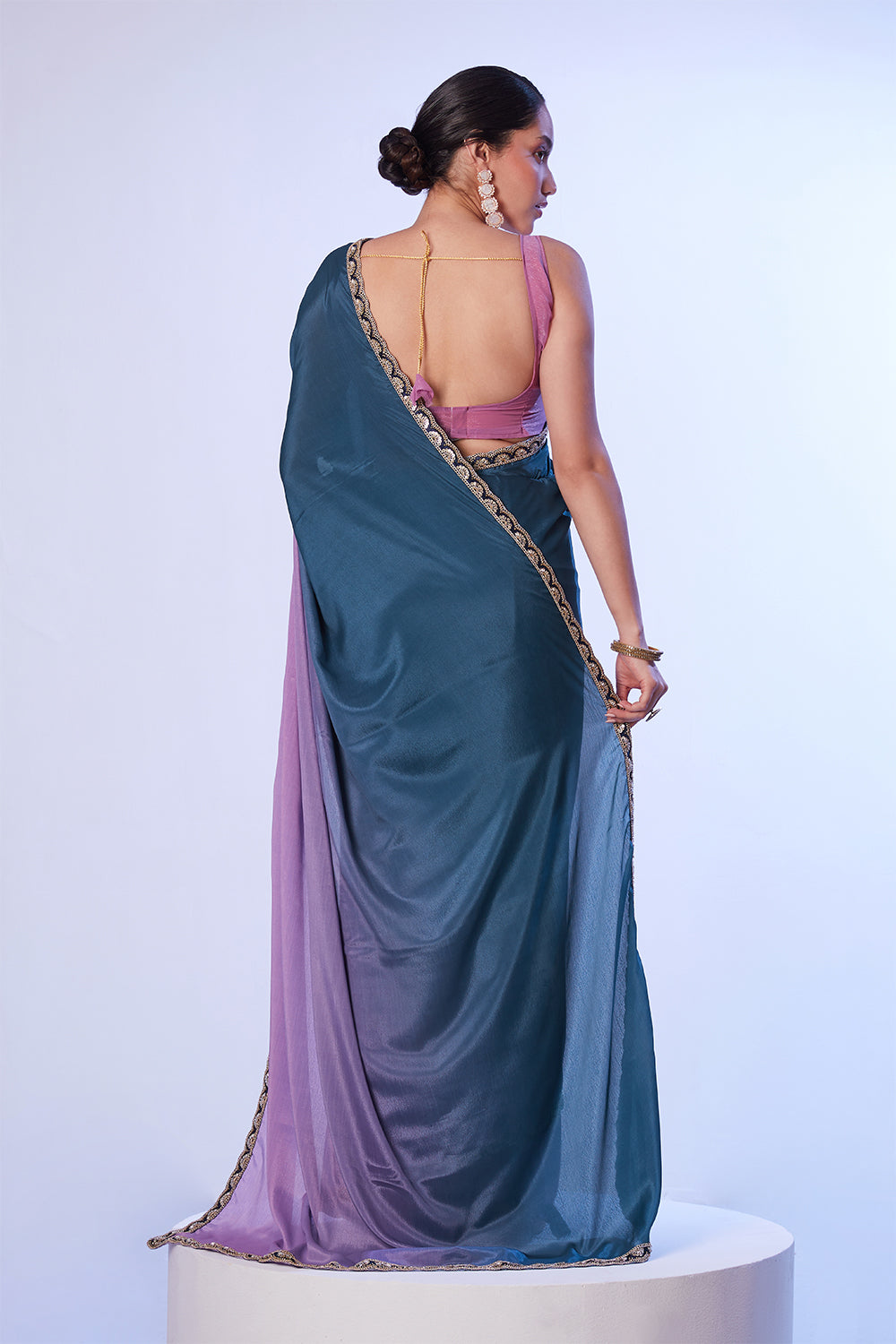 Multi Chinon Saree With Lace And Unstitched Blouse