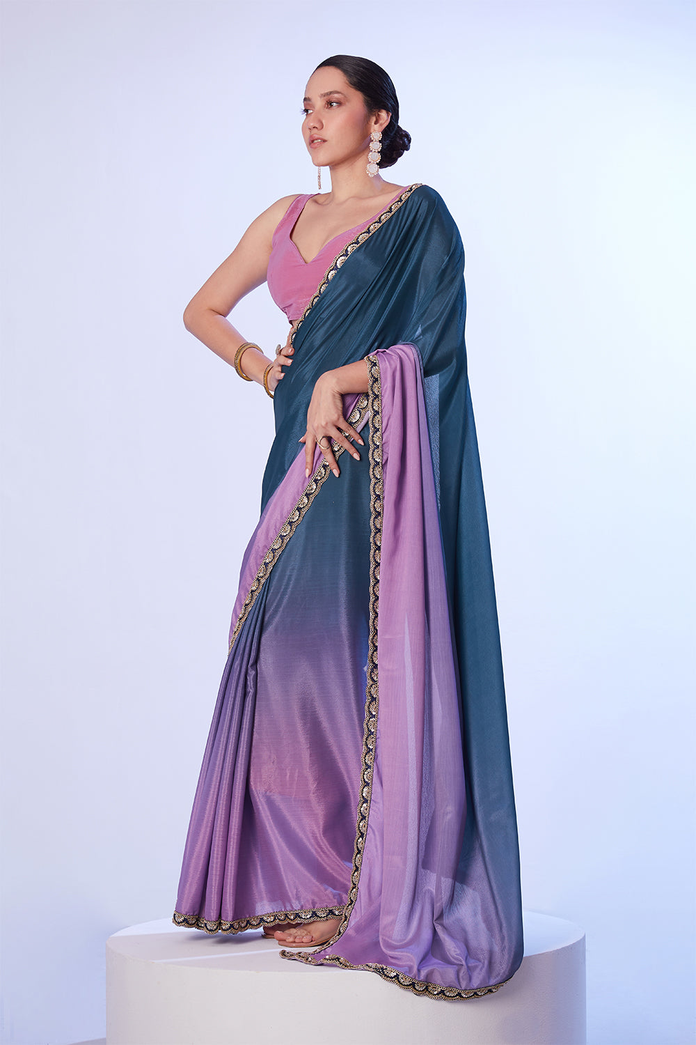 Multi Chinon Saree With Lace And Unstitched Blouse