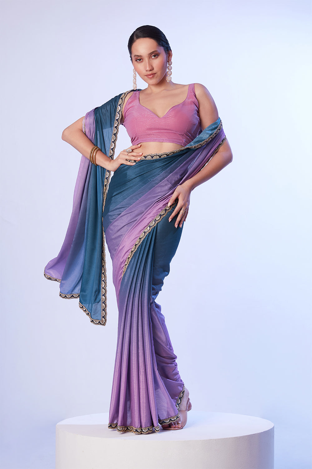 Multi Chinon Saree With Lace And Unstitched Blouse