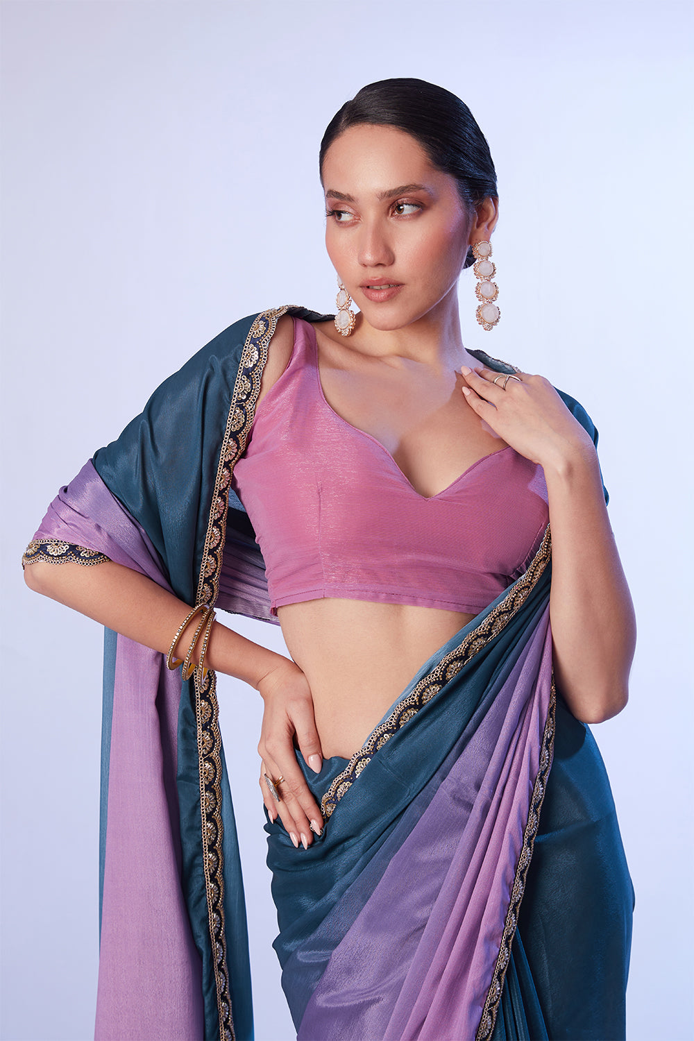 Multi Chinon Saree With Lace And Unstitched Blouse