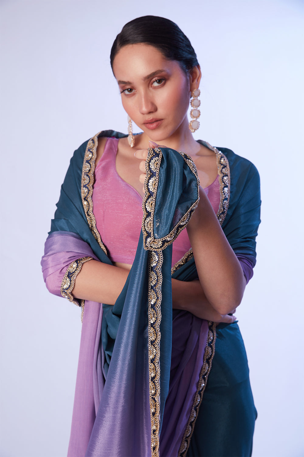 Multi Chinon Saree With Lace And Unstitched Blouse