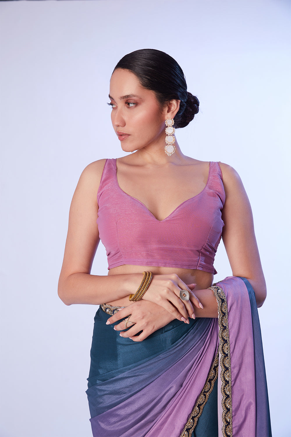 Multi Chinon Saree With Lace And Unstitched Blouse
