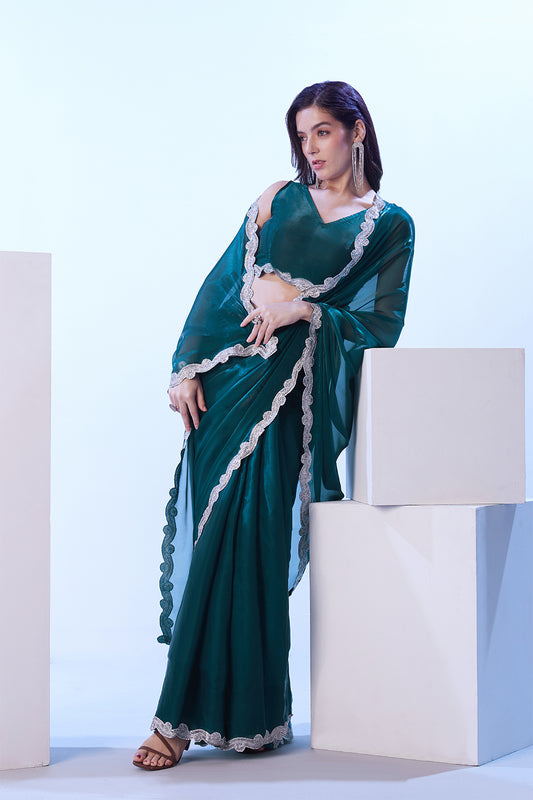 Teal Blooming Satin Saree With Lace And Blouse