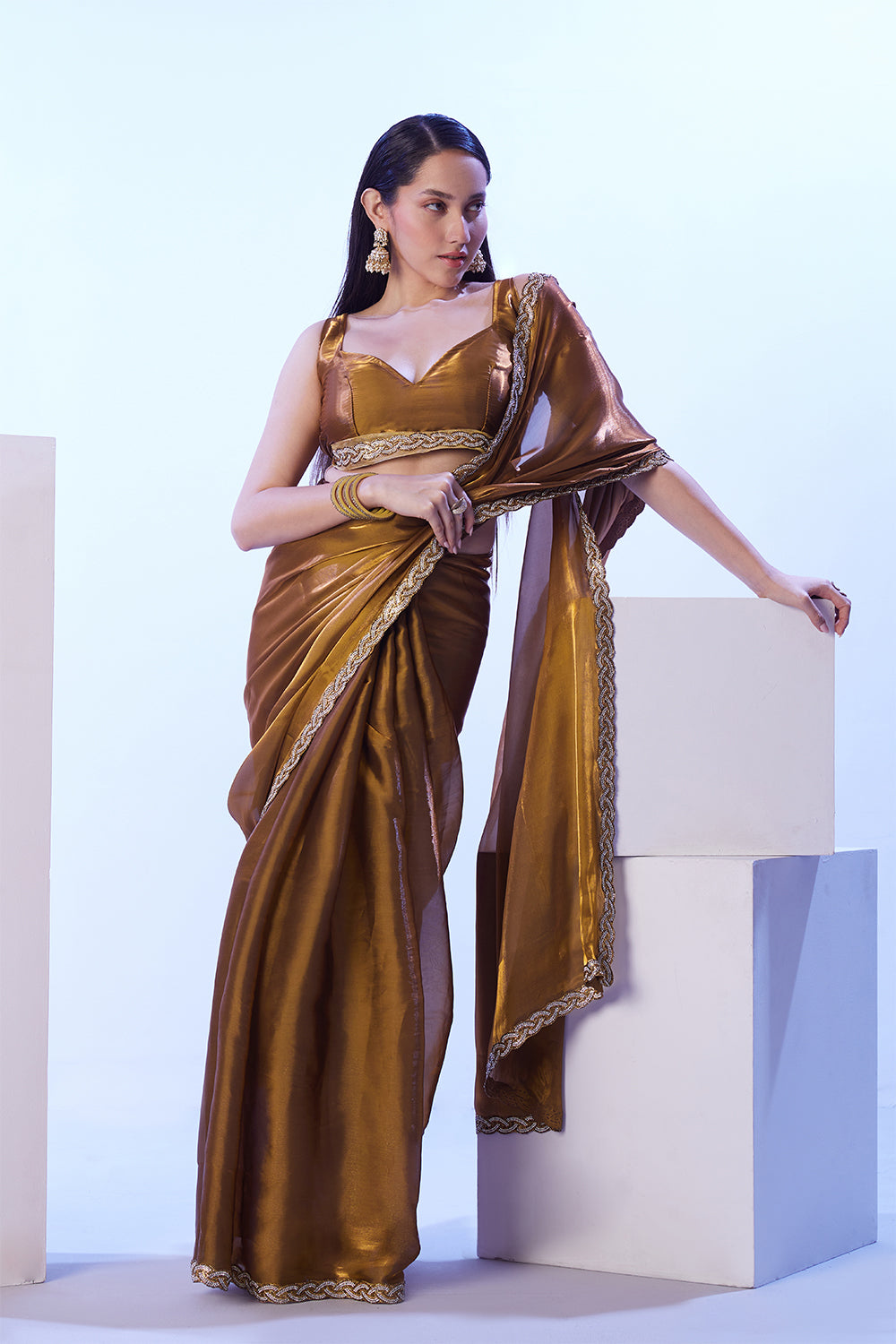 Gold Blooming Satin Saree With Lace And Blouse