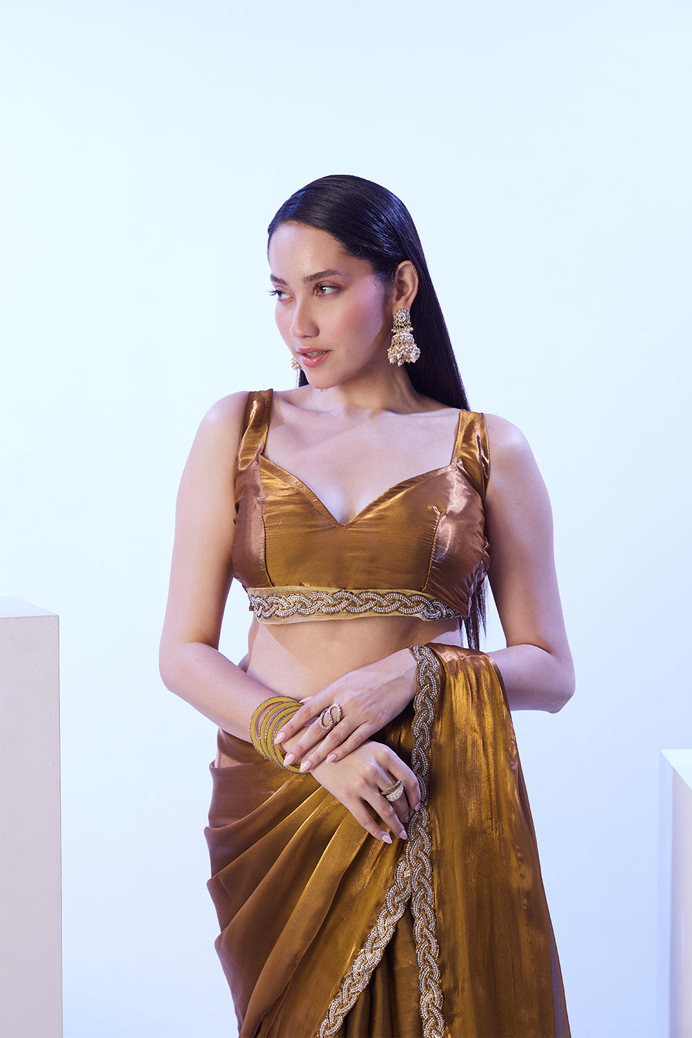 Gold Blooming Satin Saree With Lace And Blouse