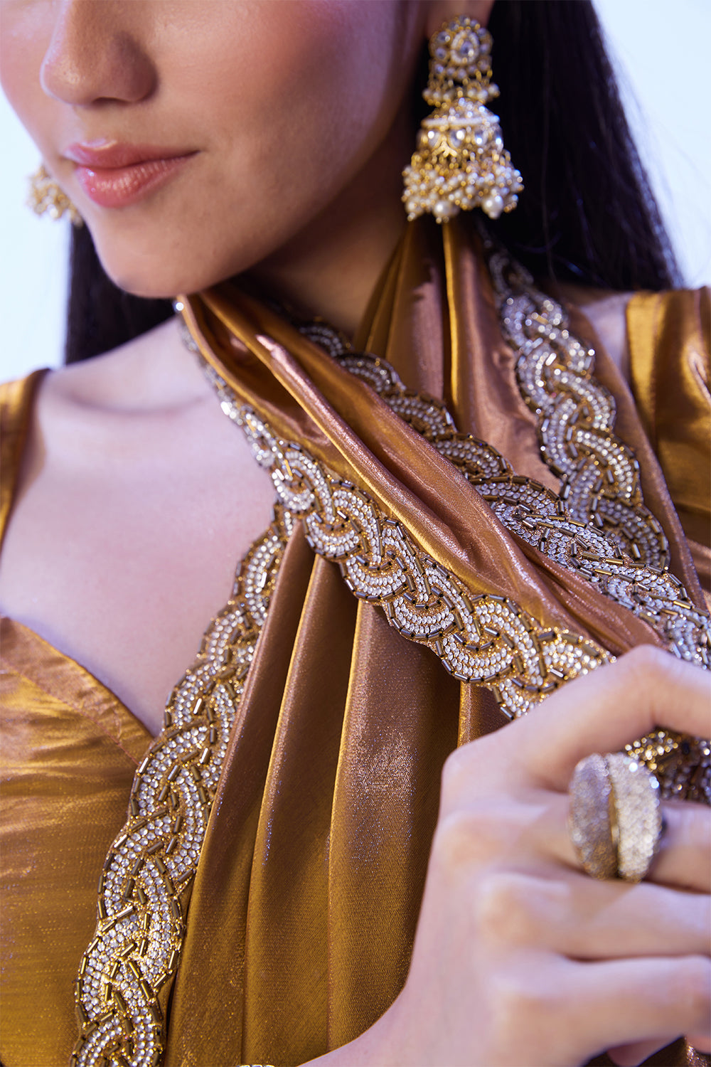 Gold Blooming Satin Saree With Lace And Blouse