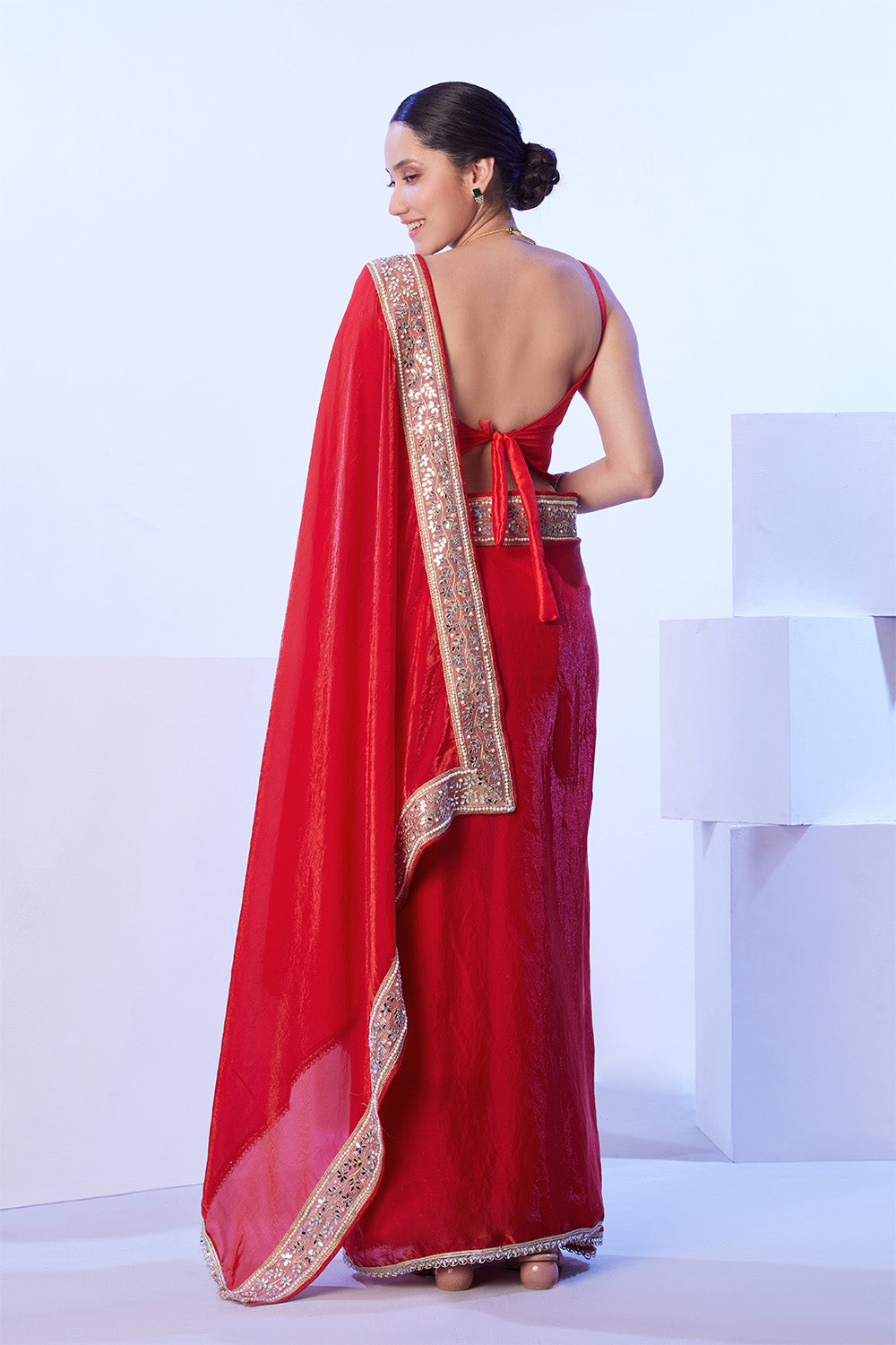 Red Blooming Satin Saree With Lace And Blouse