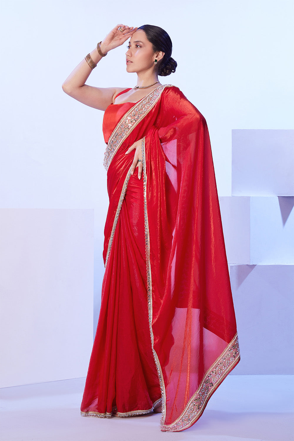 Red Blooming Satin Saree With Lace And Blouse