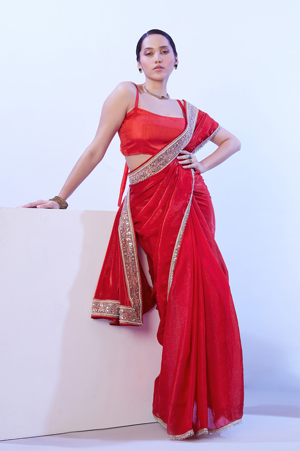 Red Blooming Satin Saree With Lace And Blouse