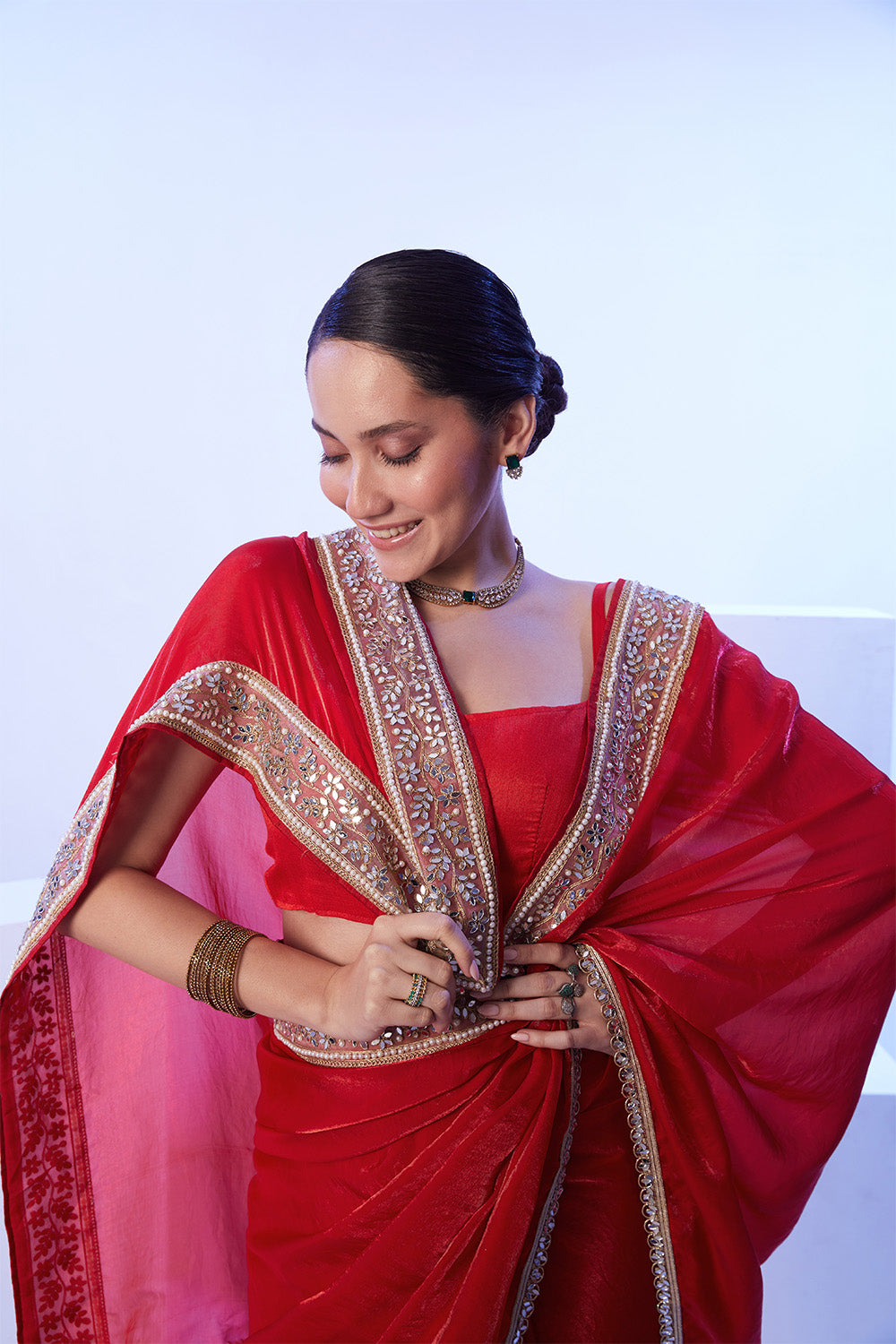 Red Blooming Satin Saree With Lace And Blouse