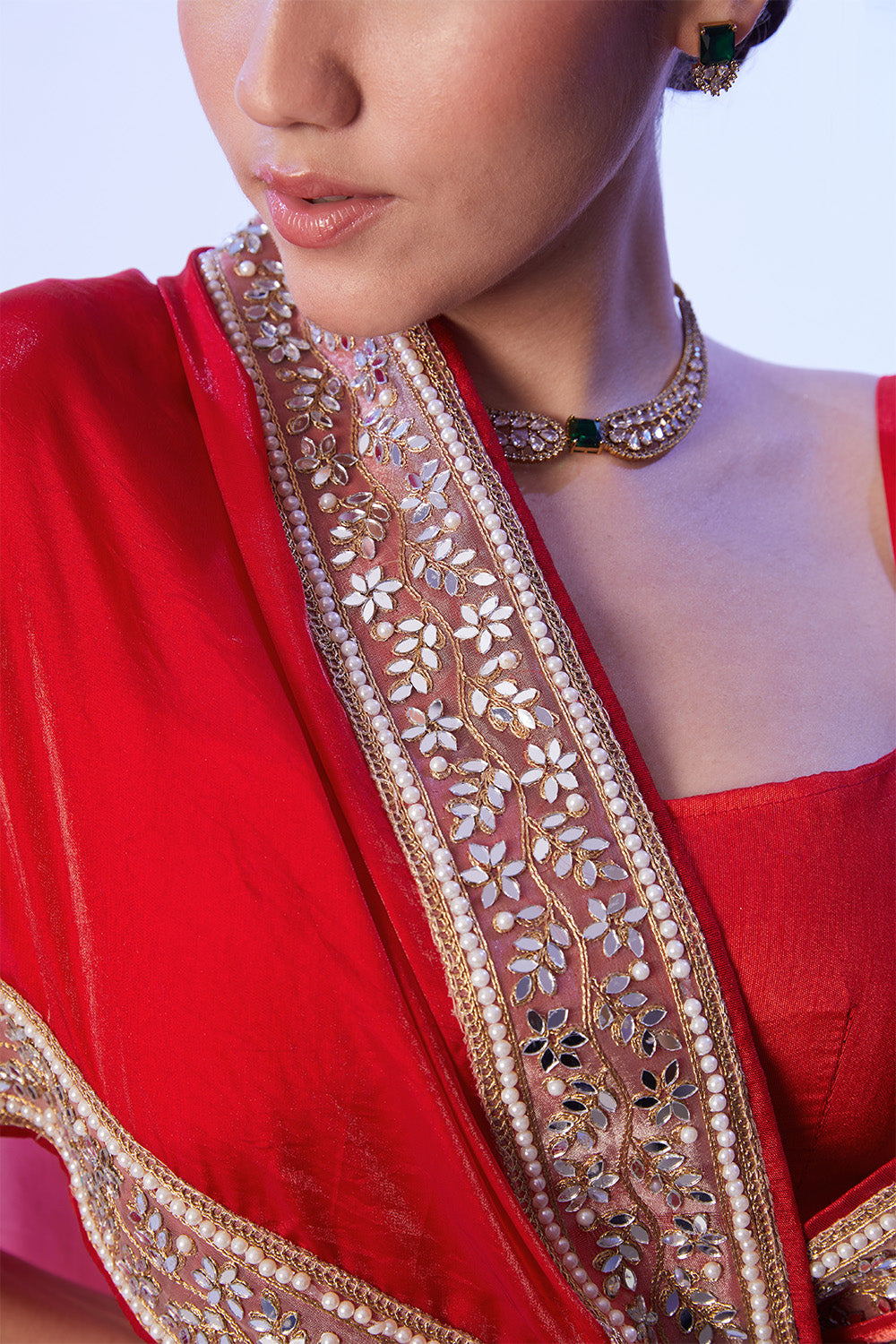 Red Blooming Satin Saree With Lace And Blouse