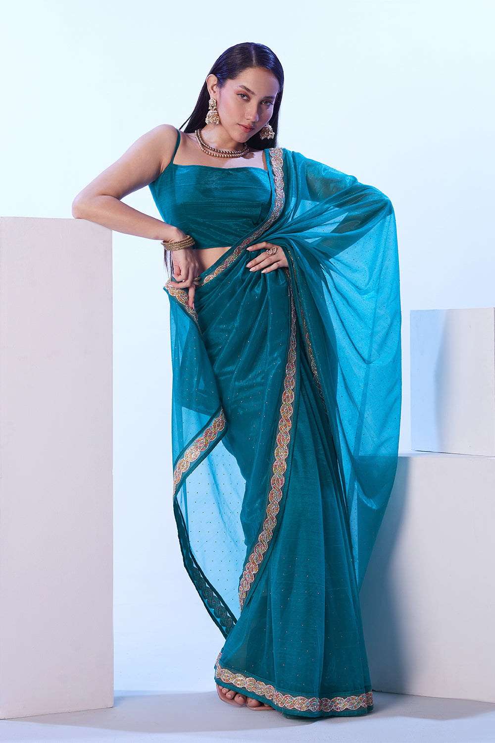 Turquoise Blue Heavy Net Saree With Lace And Blouse