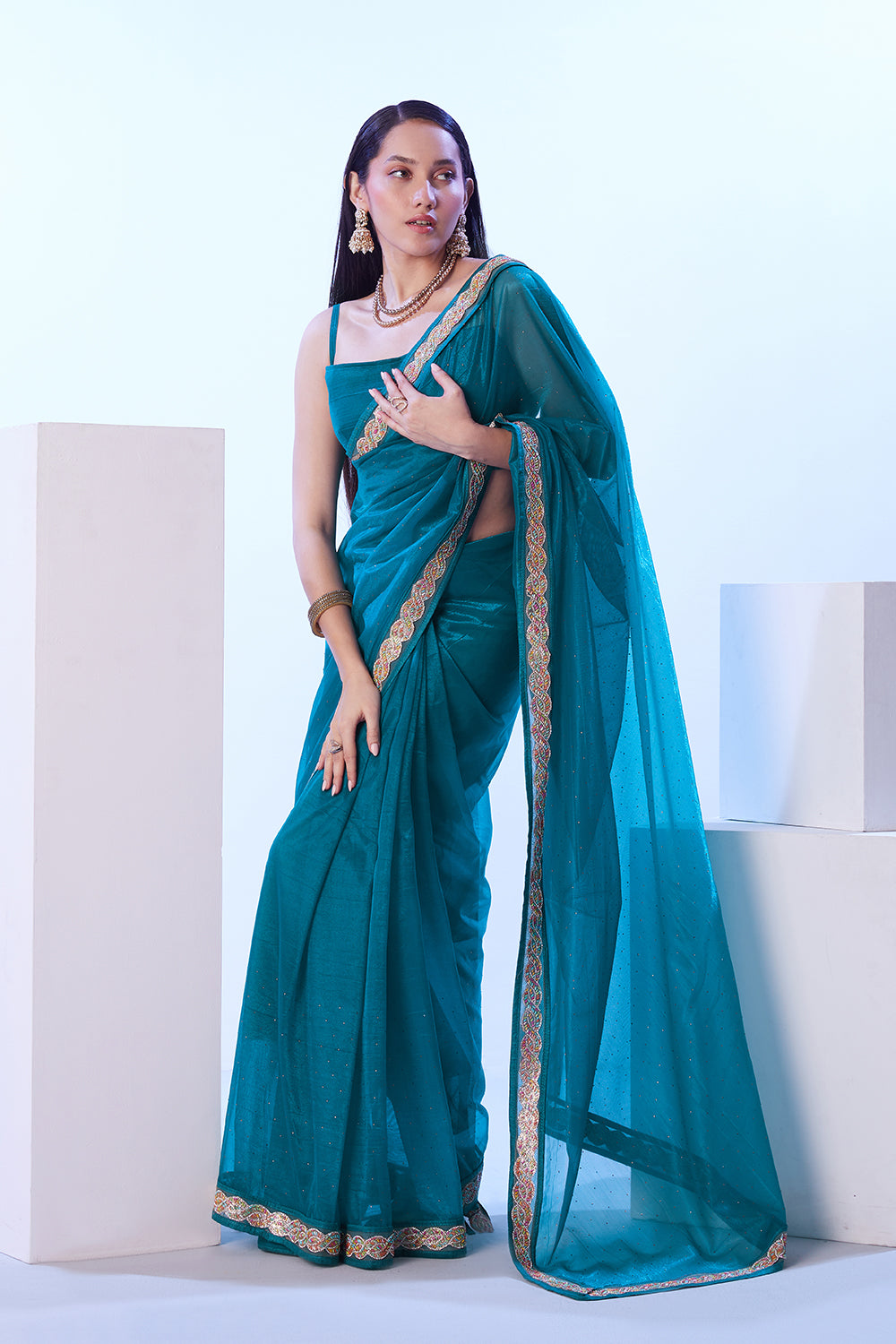 Turquoise Blue Heavy Net Saree With Lace And Blouse