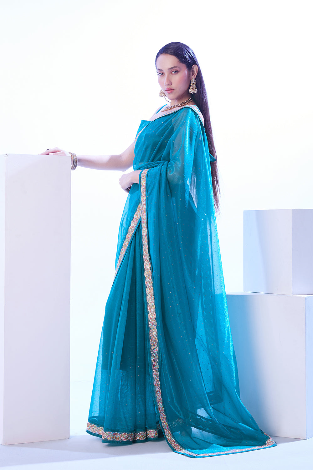 Turquoise Blue Heavy Net Saree With Lace And Blouse