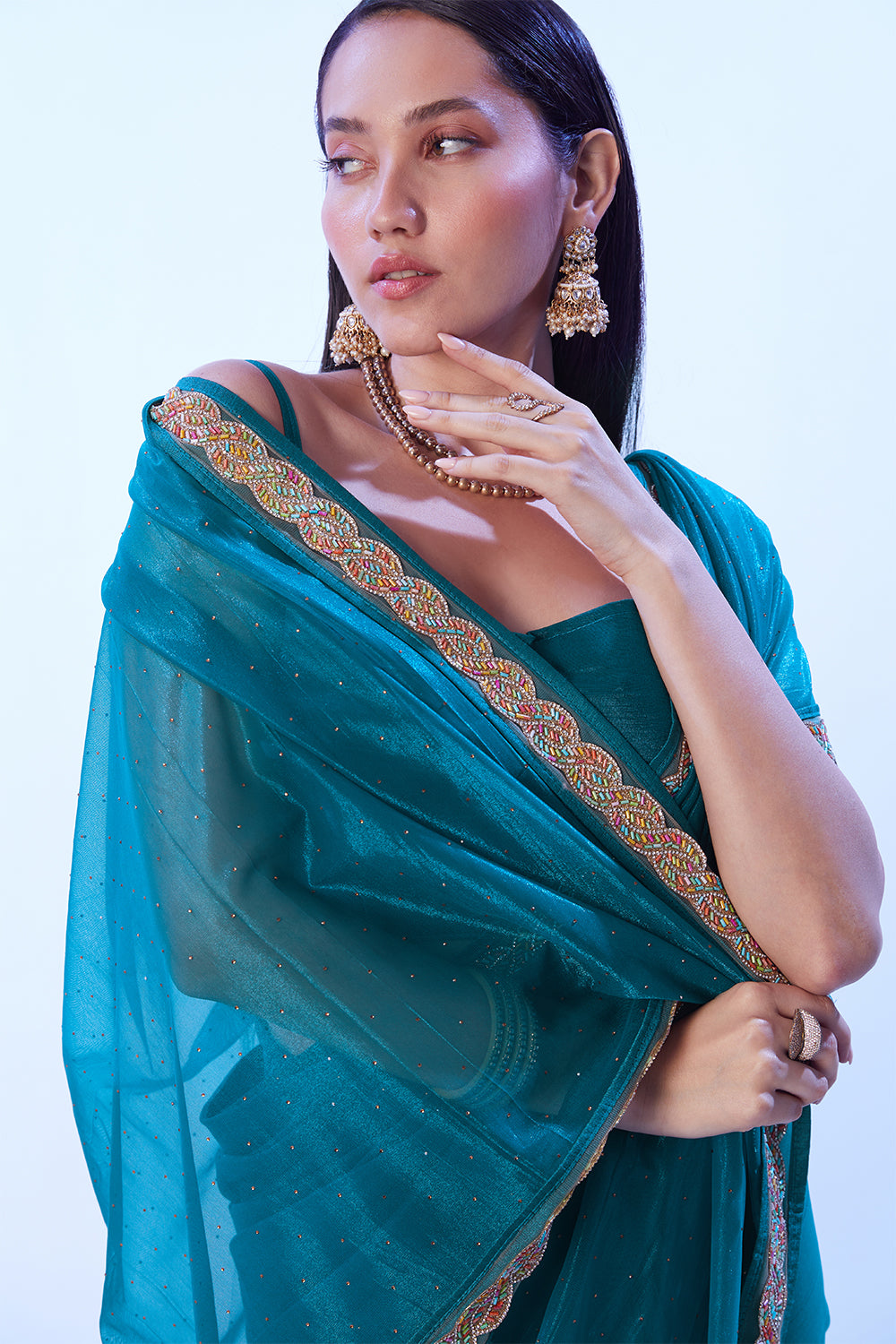 Turquoise Blue Heavy Net Saree With Lace And Blouse