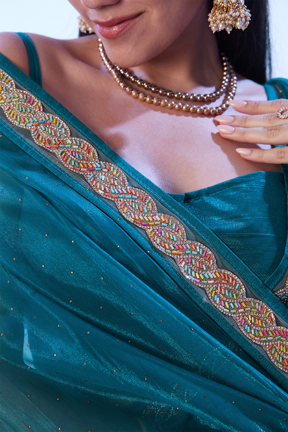 Turquoise Blue Heavy Net Saree With Lace And Blouse