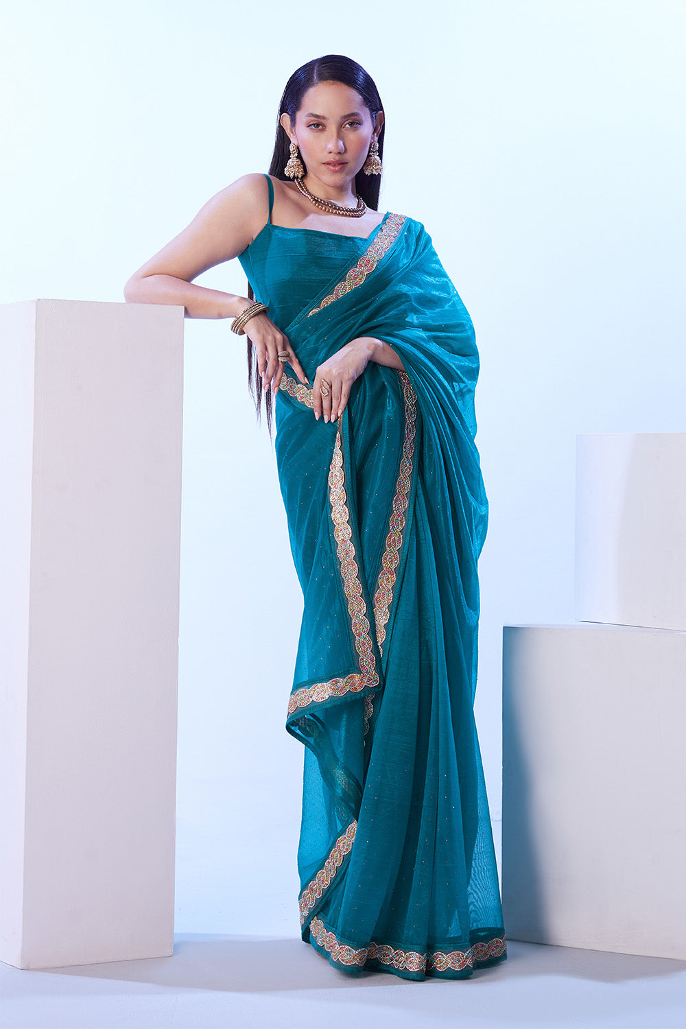 Turquoise Blue Heavy Net Saree With Lace And Blouse