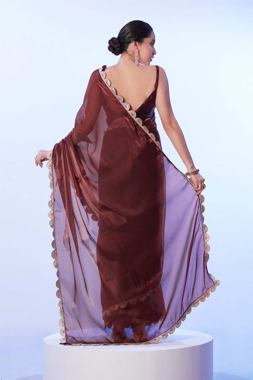 Brown Satin Saree With Lace And Blouse