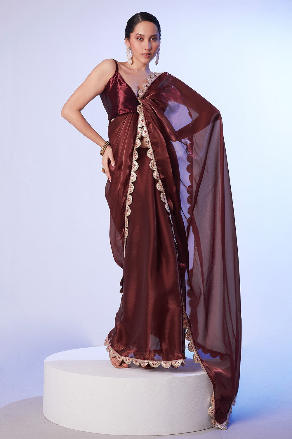 Brown Satin Saree With Lace And Blouse
