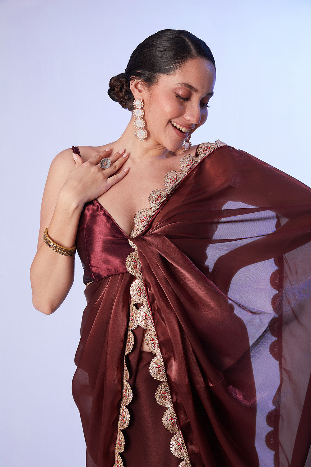 Brown Satin Saree With Lace And Blouse