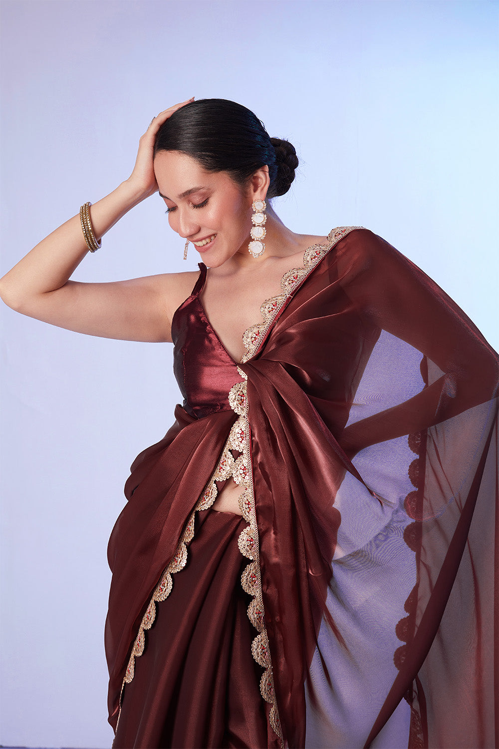 Brown Satin Saree With Lace And Blouse