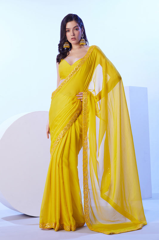 Lime Yellow Moss Saree With Lace And Blouse