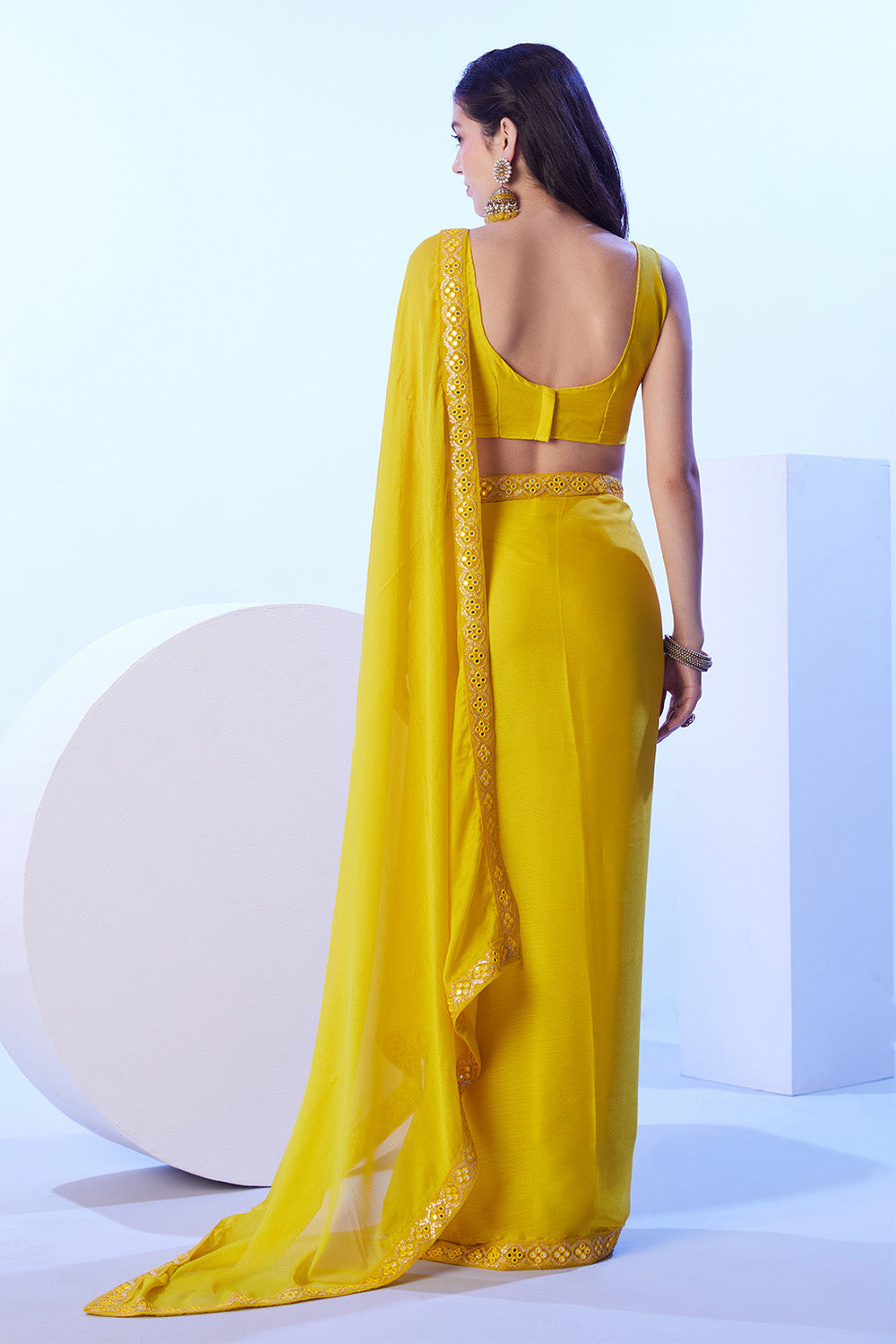 Lime Yellow Moss Saree With Lace And Blouse