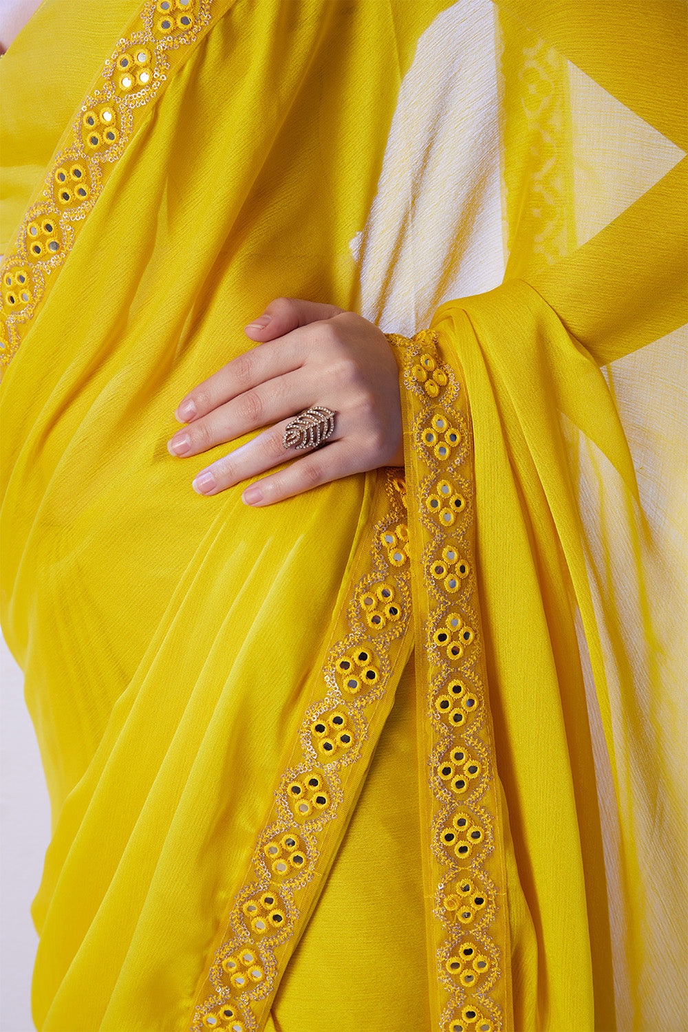 Lime Yellow Moss Saree With Lace And Blouse