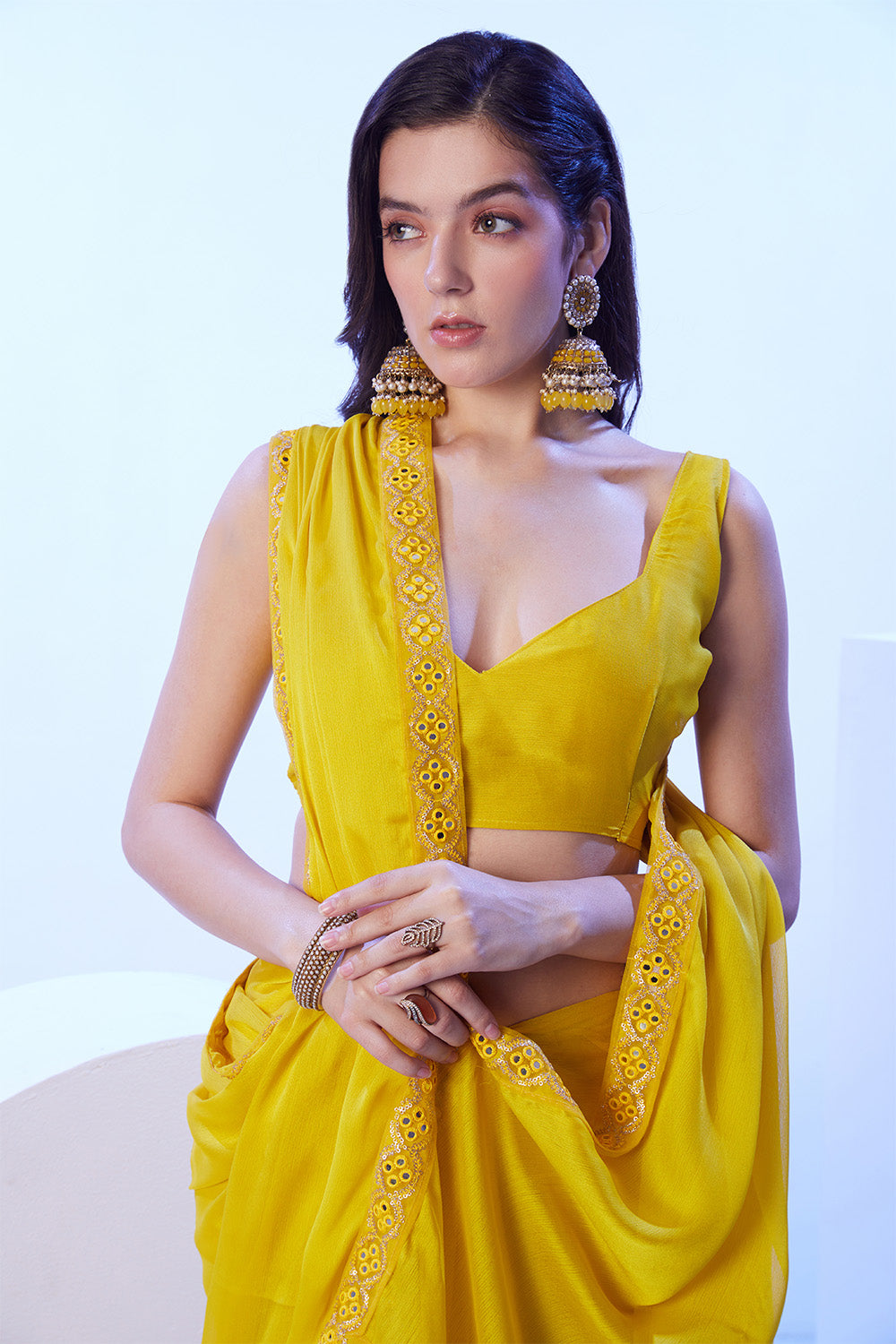 Lime Yellow Moss Saree With Lace And Blouse