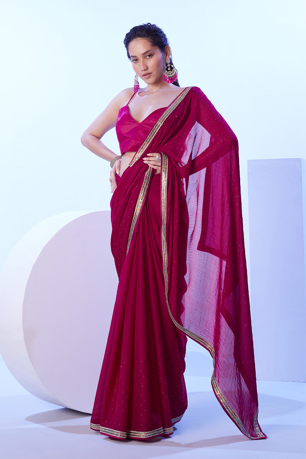Hot Pink Satin Saree With Lace And Blouse