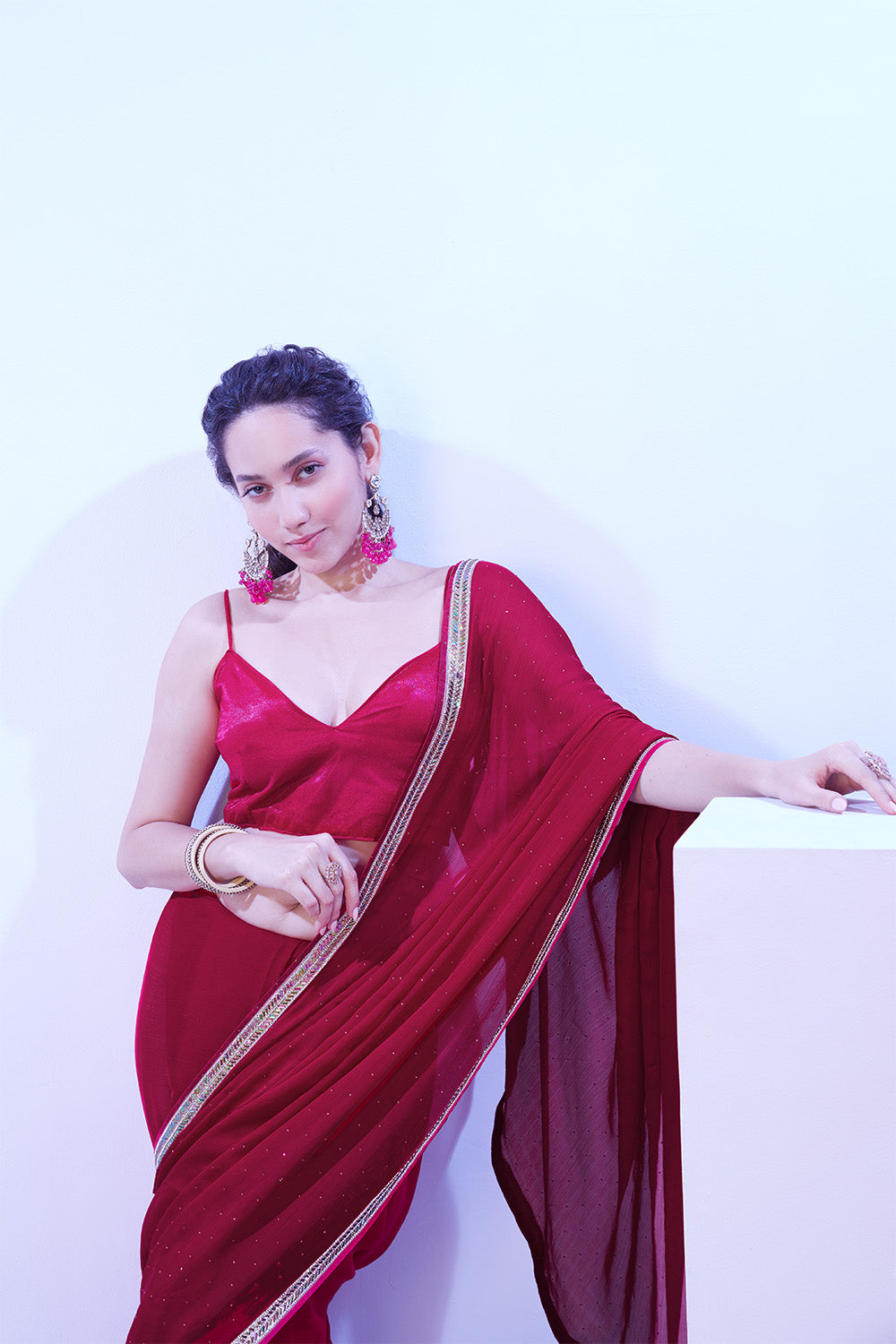 Hot Pink Satin Saree With Lace And Blouse