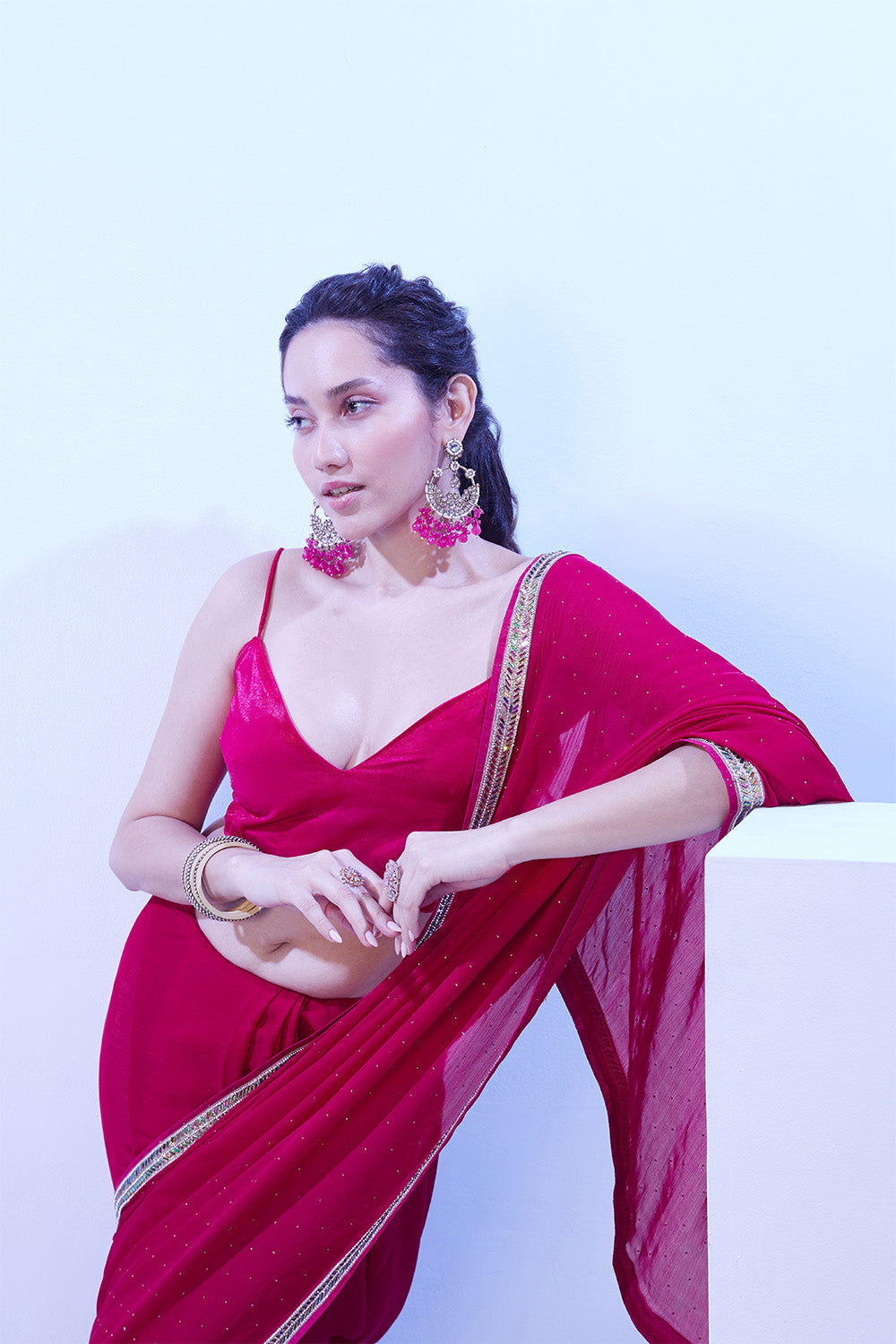 Hot Pink Satin Saree With Lace And Blouse