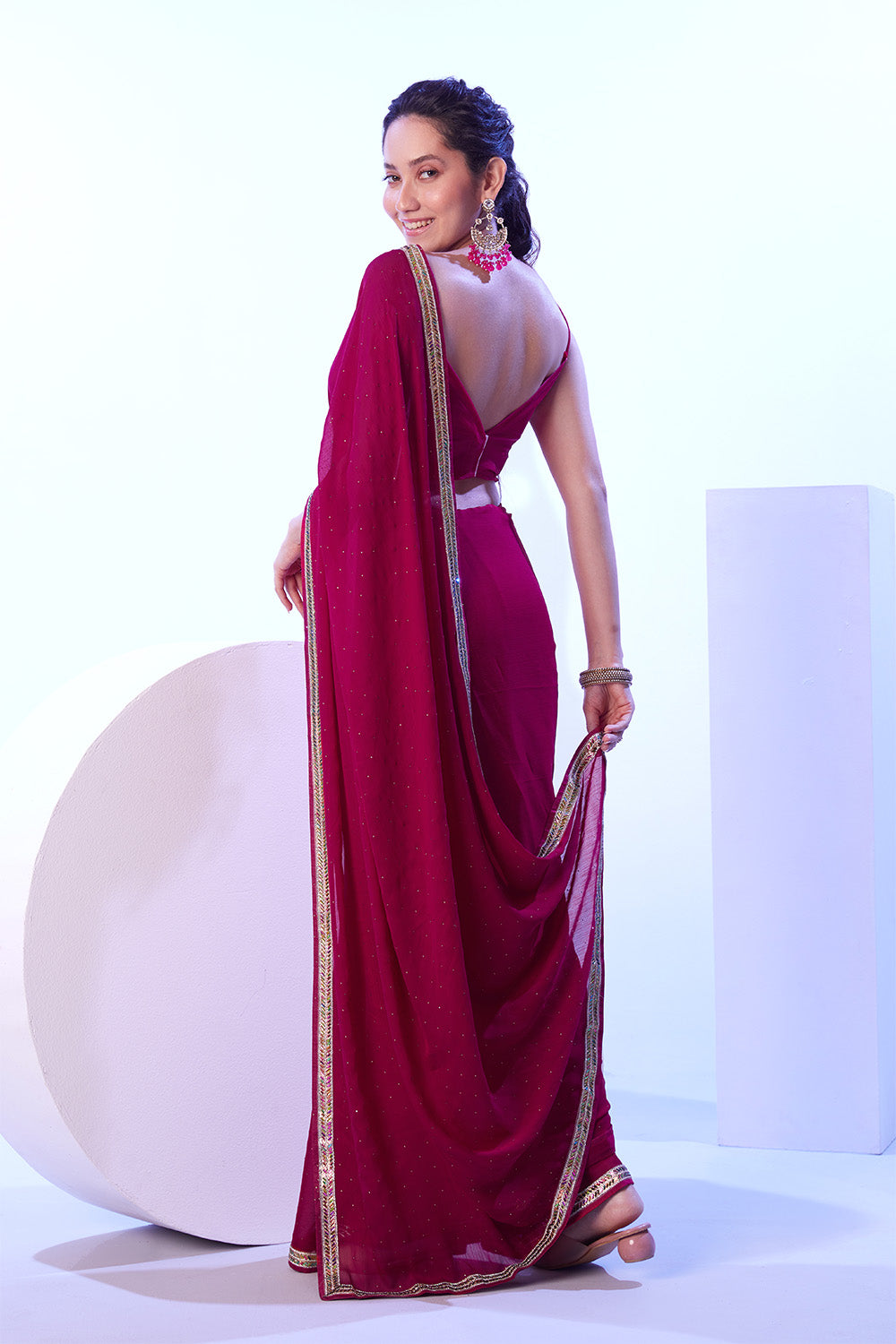 Hot Pink Satin Saree With Lace And Blouse