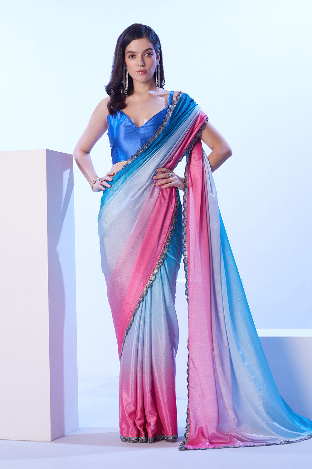 Multi Chinon Saree With Designer Lace And Blouse