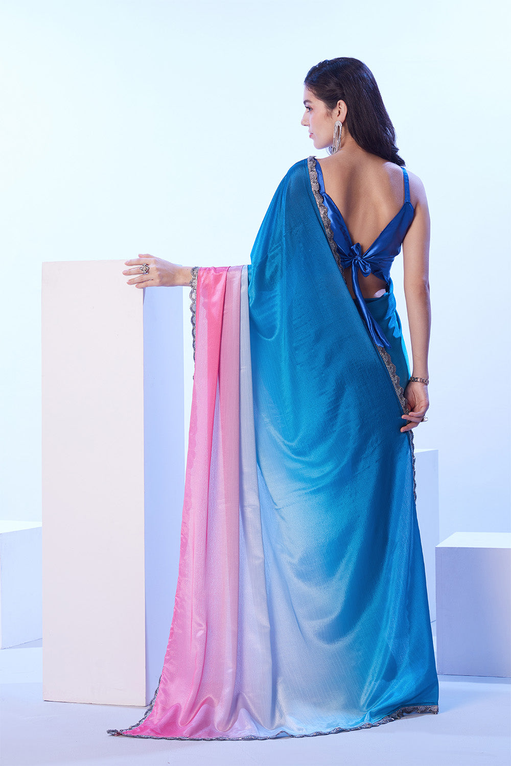 Multi Chinon Saree With Designer Lace And Blouse