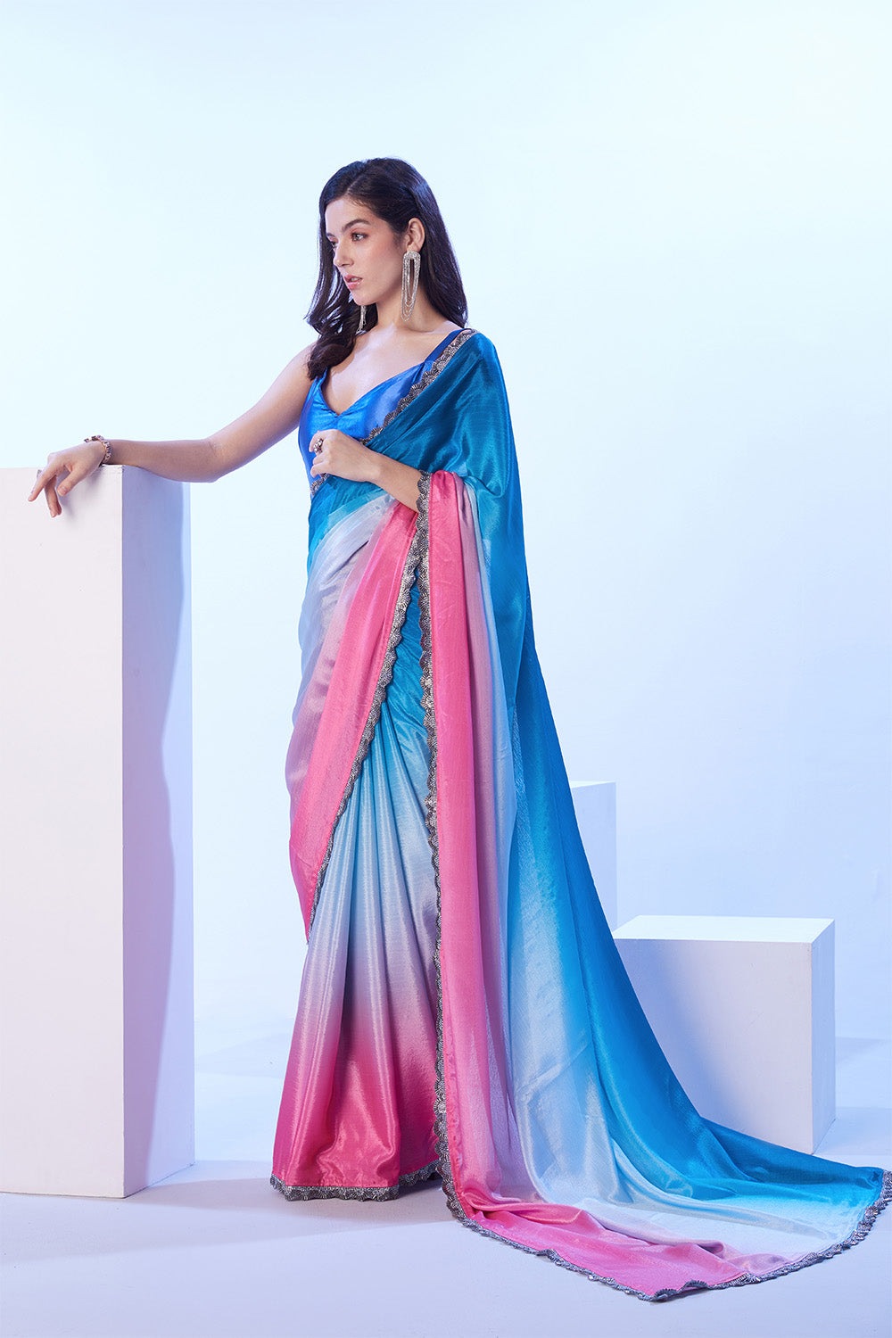 Multi Chinon Saree With Designer Lace And Blouse