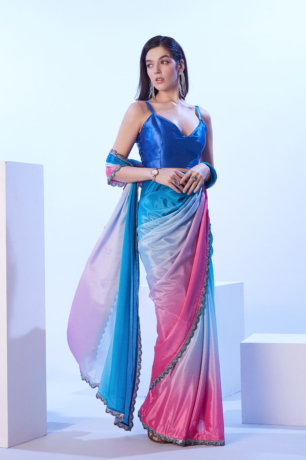 Multi Chinon Saree With Designer Lace And Blouse