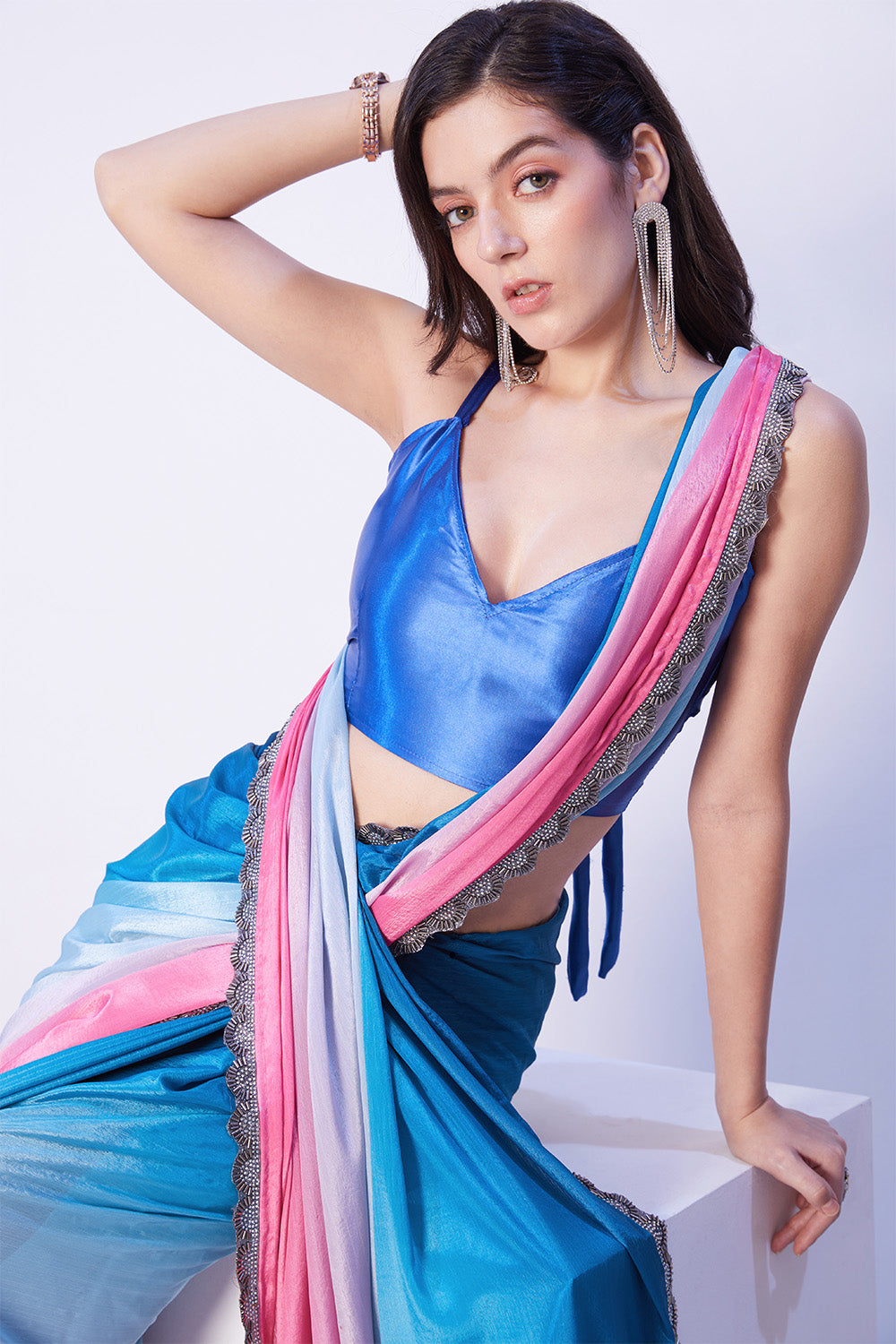 Multi Chinon Saree With Designer Lace And Blouse